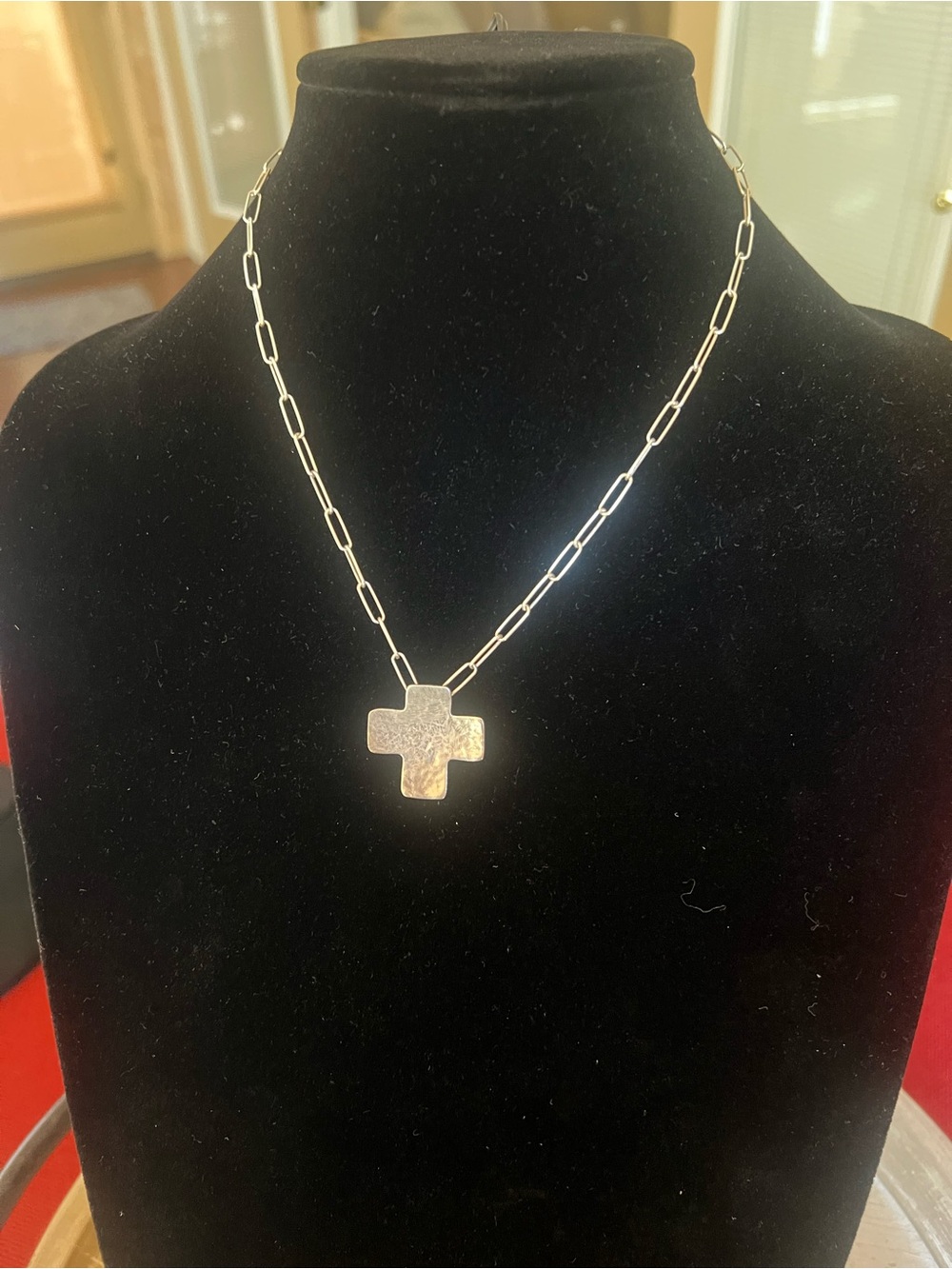 Silver Hammered Cross Necklace with Paperclip Chain
